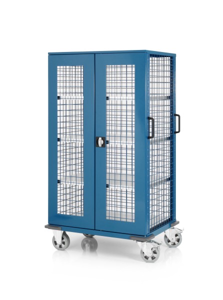 Mesh trolley with lockable hinged doors and 4 shelves
