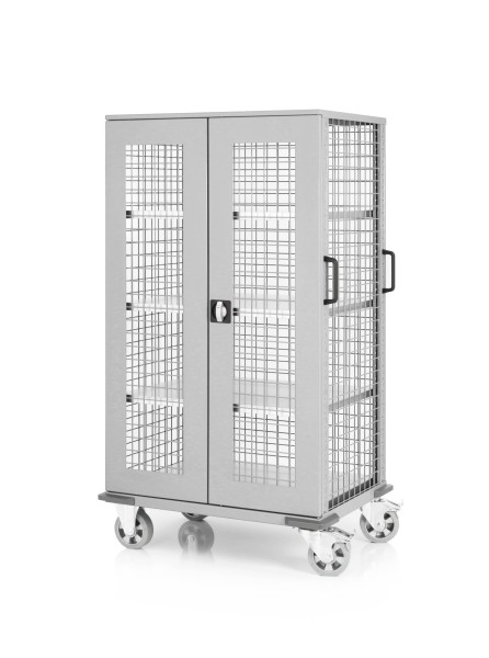 Mesh trolley with lockable hinged doors and 4 shelves