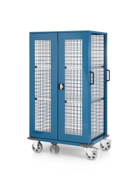 Mesh trolley with lockable hinged doors and 3 shelves