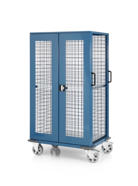 Mesh trolley with lockable hinged doors and 2 shelves