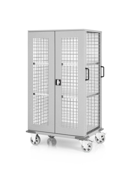 Mesh trolley with lockable hinged doors and 3 shelves