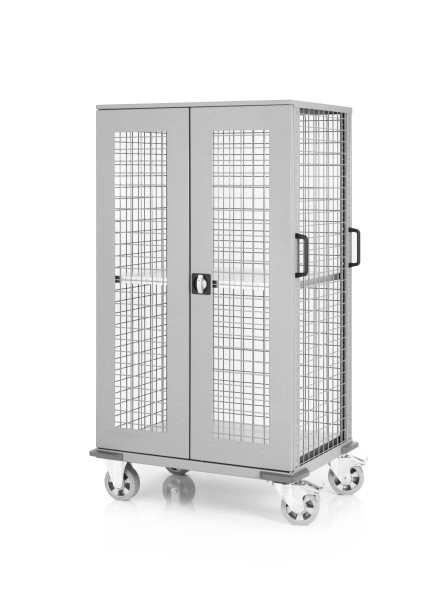Mesh trolley with lockable hinged doors and 2 shelves